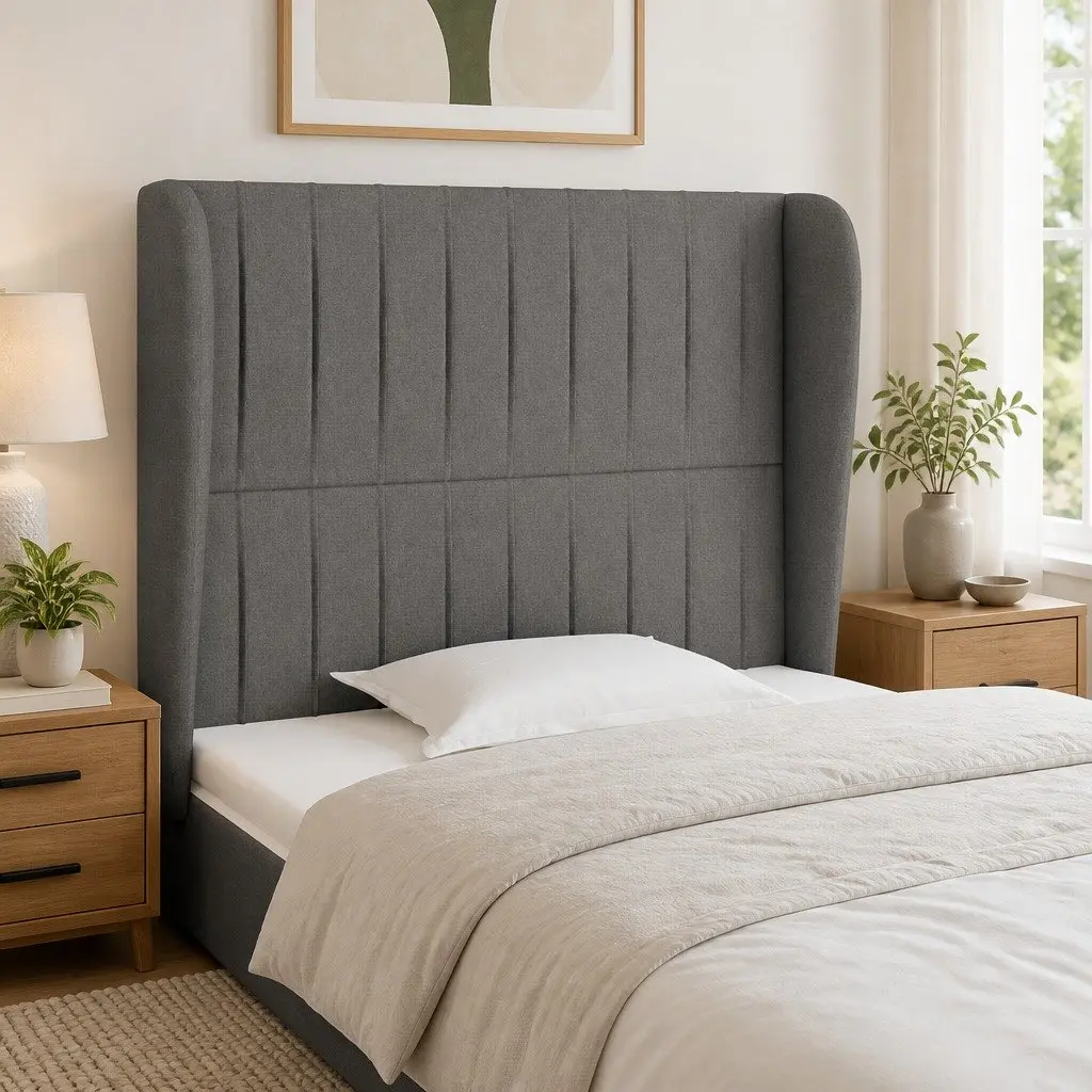 Grey Fabric Headboard with Ears for Bed Support