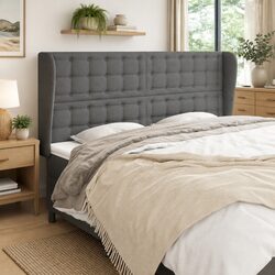 Durable Grey Fabric Headboard with Wooden Legs and Ears