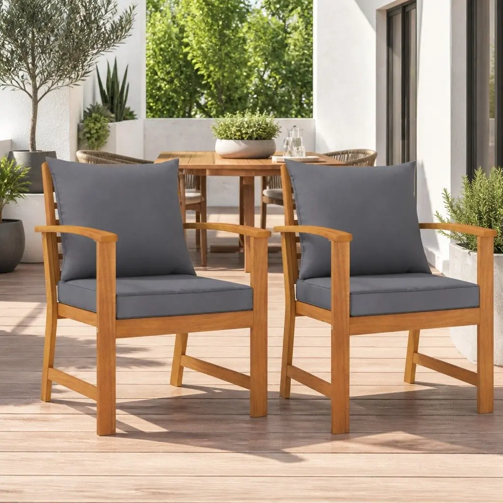 Garden Chairs Solid Acacia Wood 2pcs Grey Cushions Outdoor Seating Patio Set