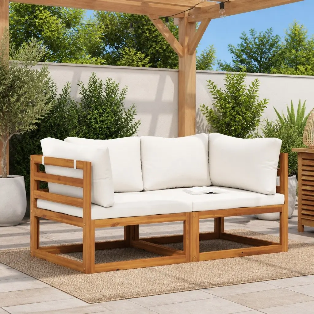 Sectional Sofa Solid Acacia Wood 2-Piece Corner Set Cream Padded Cushions