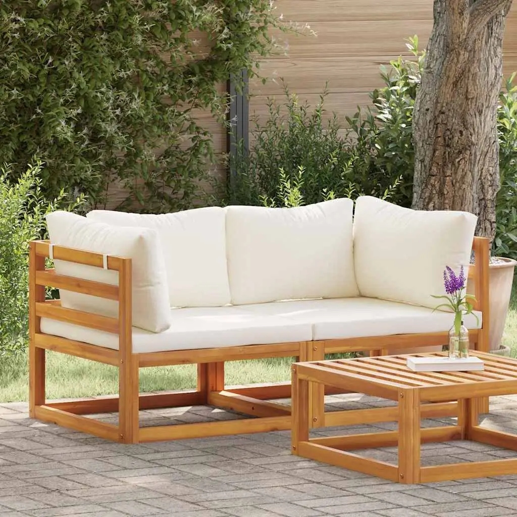 Sectional Sofa Solid Acacia Wood 2-Piece Corner Set Cream Padded Cushions