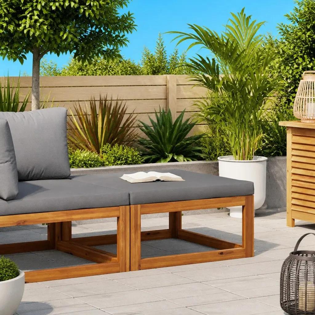 Footrest Solid Acacia Wood Grey Padded Cushion Outdoor