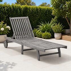 Wooden Sun Lounger with Adjustable Backrest and Wheels