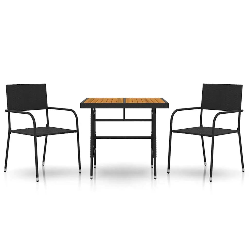 3 Piece Outdoor Dining Set PE Rattan Steel Frame Acacia Wood Table Black