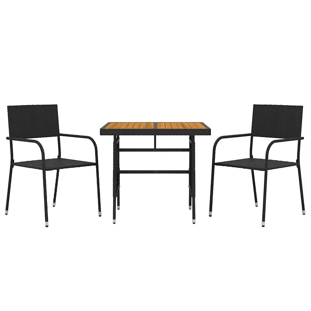 3 Piece Outdoor Dining Set PE Rattan Steel Frame Acacia Wood Table Black