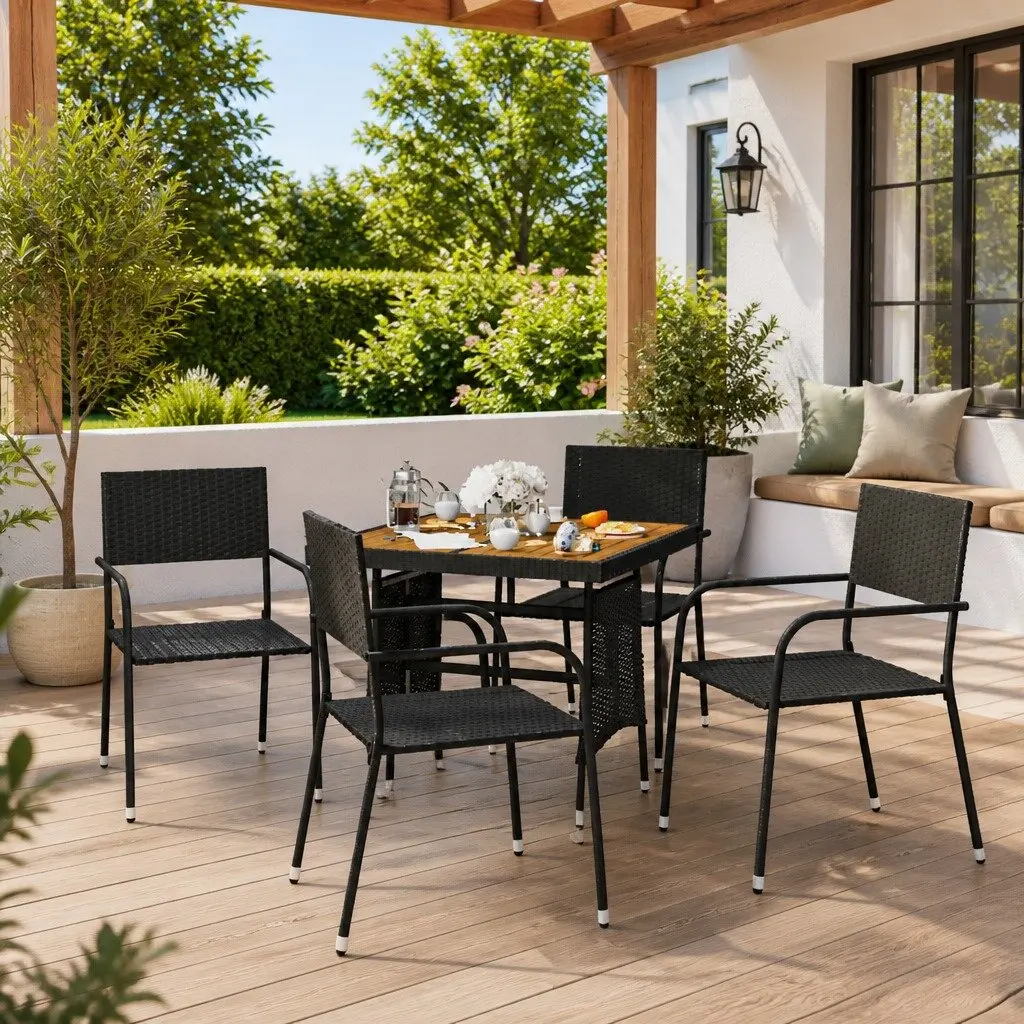 5 Piece Outdoor Dining Set PE Rattan Steel Acacia Wood Black