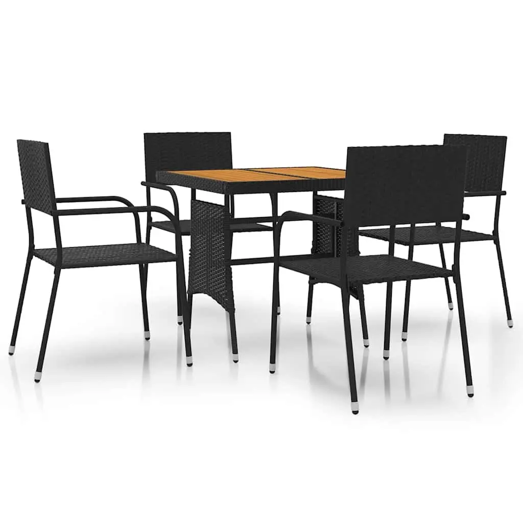 5 Piece Outdoor Dining Set PE Rattan Steel Acacia Wood Black