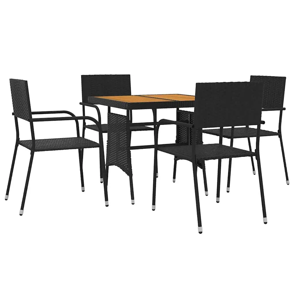 5 Piece Outdoor Dining Set PE Rattan Steel Acacia Wood Black