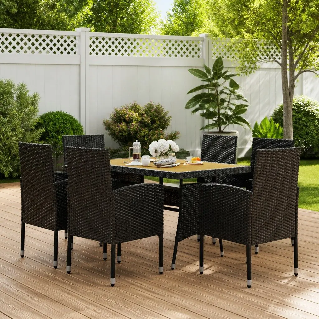 7 Piece Outdoor Dining Set Steel Frame PE Rattan Acacia Wood Table Chairs Black
