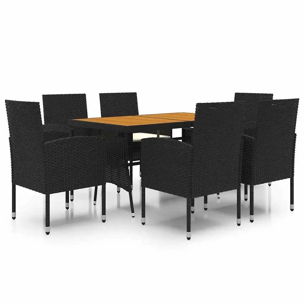 7 Piece Outdoor Dining Set Steel Frame PE Rattan Acacia Wood Table Chairs Black