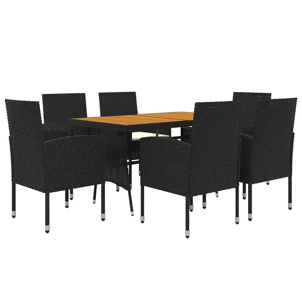 7 Piece Outdoor Dining Set Steel Frame PE Rattan Acacia Wood Table Chairs Black