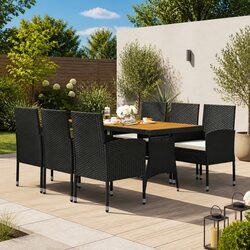 7 Piece Black Rattan Patio Dining Set with Solid Wood Table