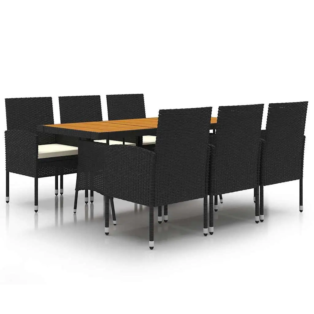 7 Piece Black Rattan Patio Dining Set with Solid Wood Table
