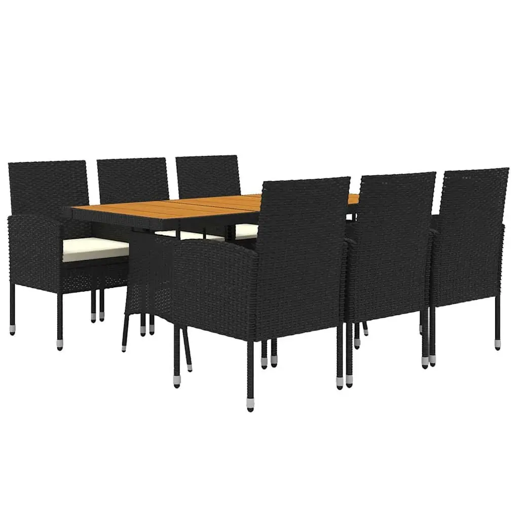 7 Piece Black Rattan Patio Dining Set with Solid Wood Table