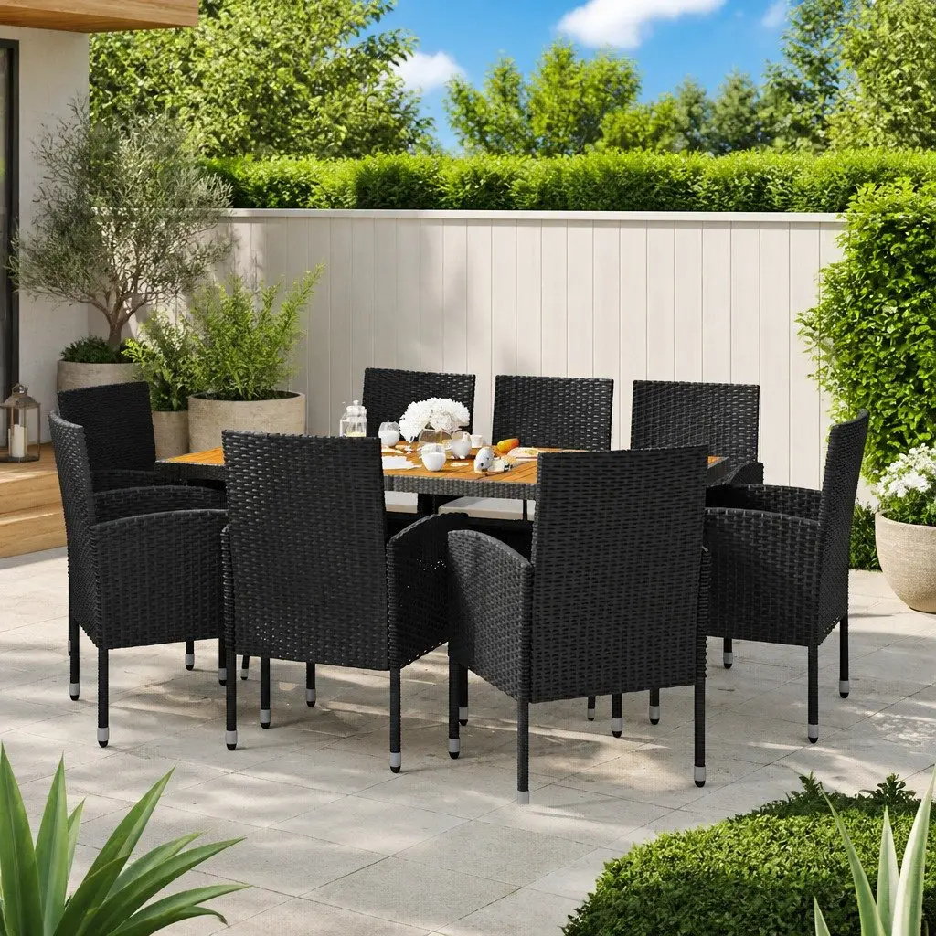 9 Piece Outdoor Dining Set PE Rattan Steel Acacia Wood Black