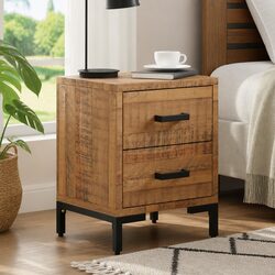 Rustic Pine Wood Nightstand with 2 Drawers