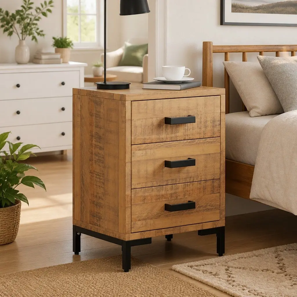 Solid Pine Wood Nightstand with 3 Drawers