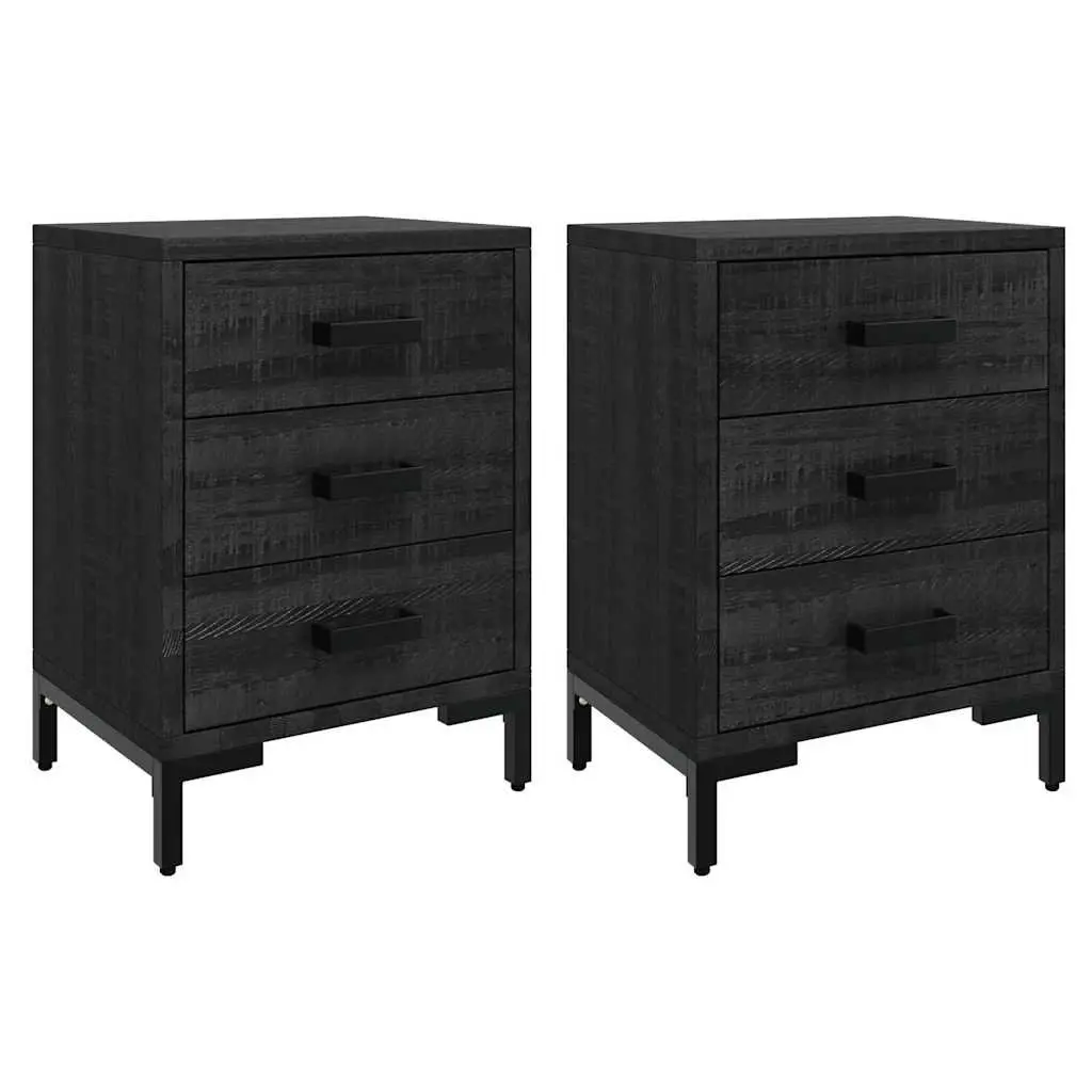 Black Bedside Tables 2 Piece Solid Pinewood 40x30x55 cm Bedroom Storage with 3 Drawers