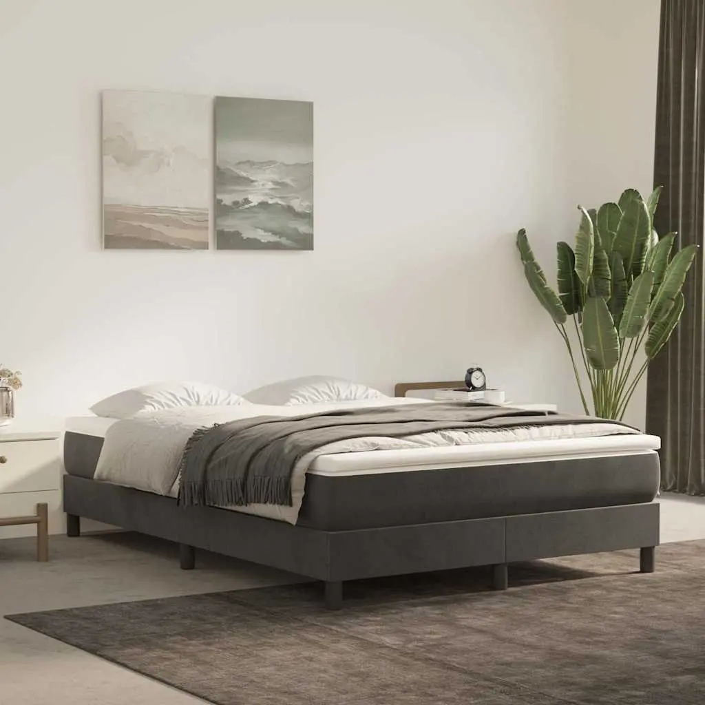 Box Spring Bed Frame Velvet Grey Plywood Slats Sturdy Legs