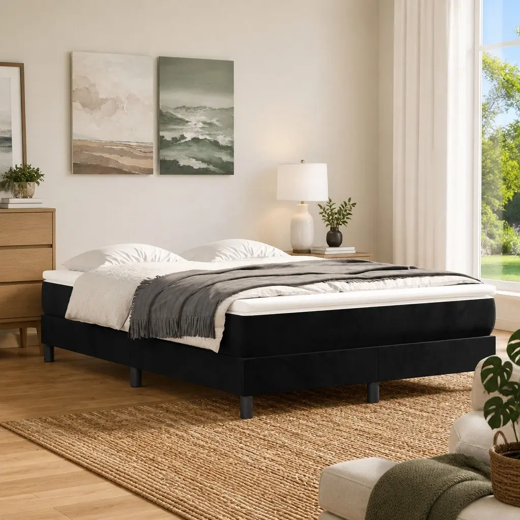 Black Velvet Queen Box Spring Bed Frame for Comfort