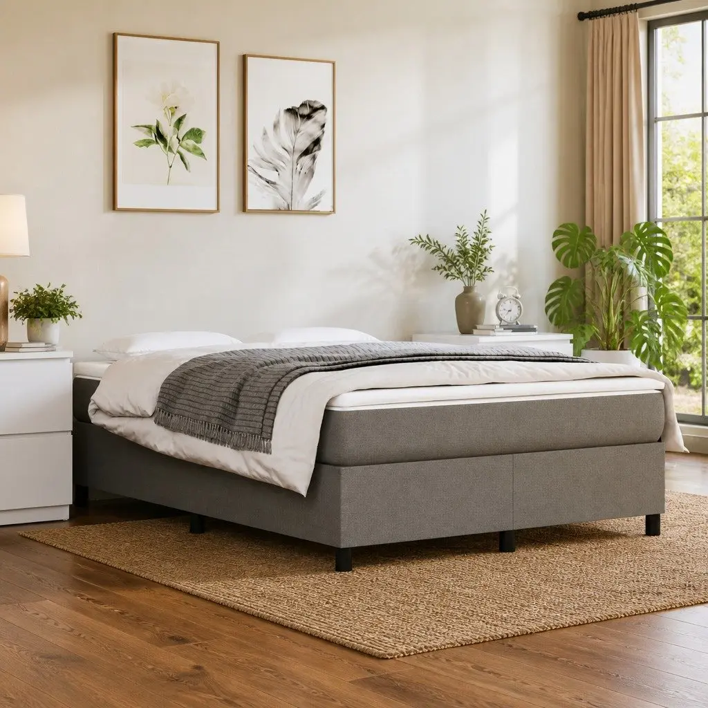 Box Spring Bed Frame Dark Grey Fabric Bedroom Bed with Plywood Slats