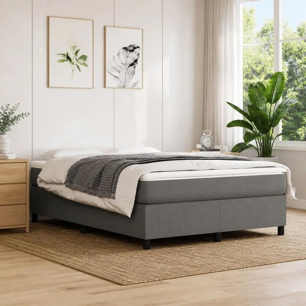 Queen Size Grey Fabric Box Spring Bed Frame