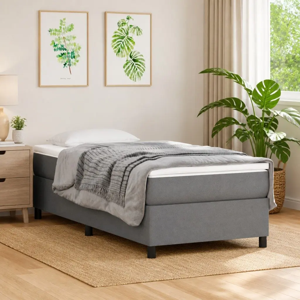 King Single Grey Fabric Box Spring Bed Frame with Support
