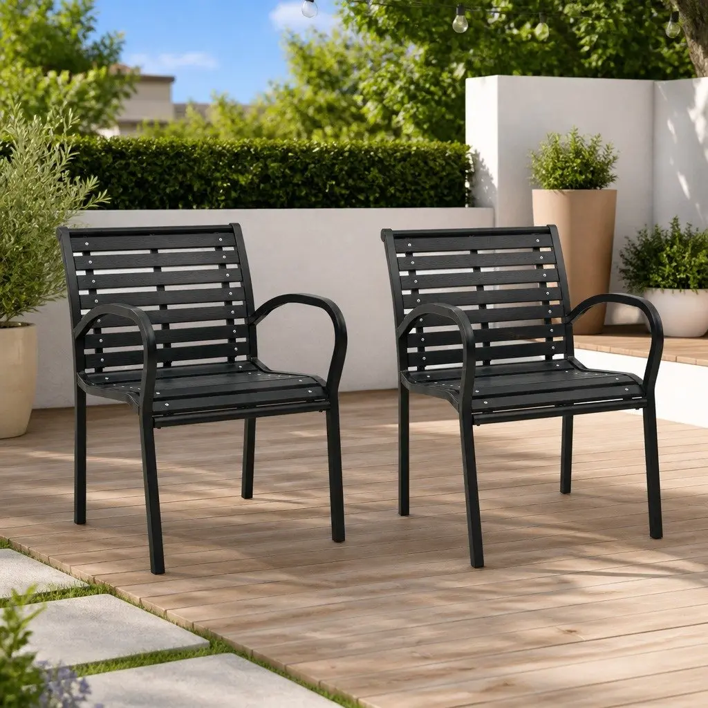 Steel WPC Outdoor Chairs 2 pcs Stackable Patio Seating