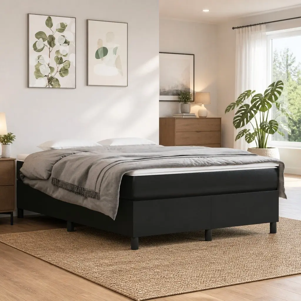 Box Spring Bed Frame in Black Faux Leather