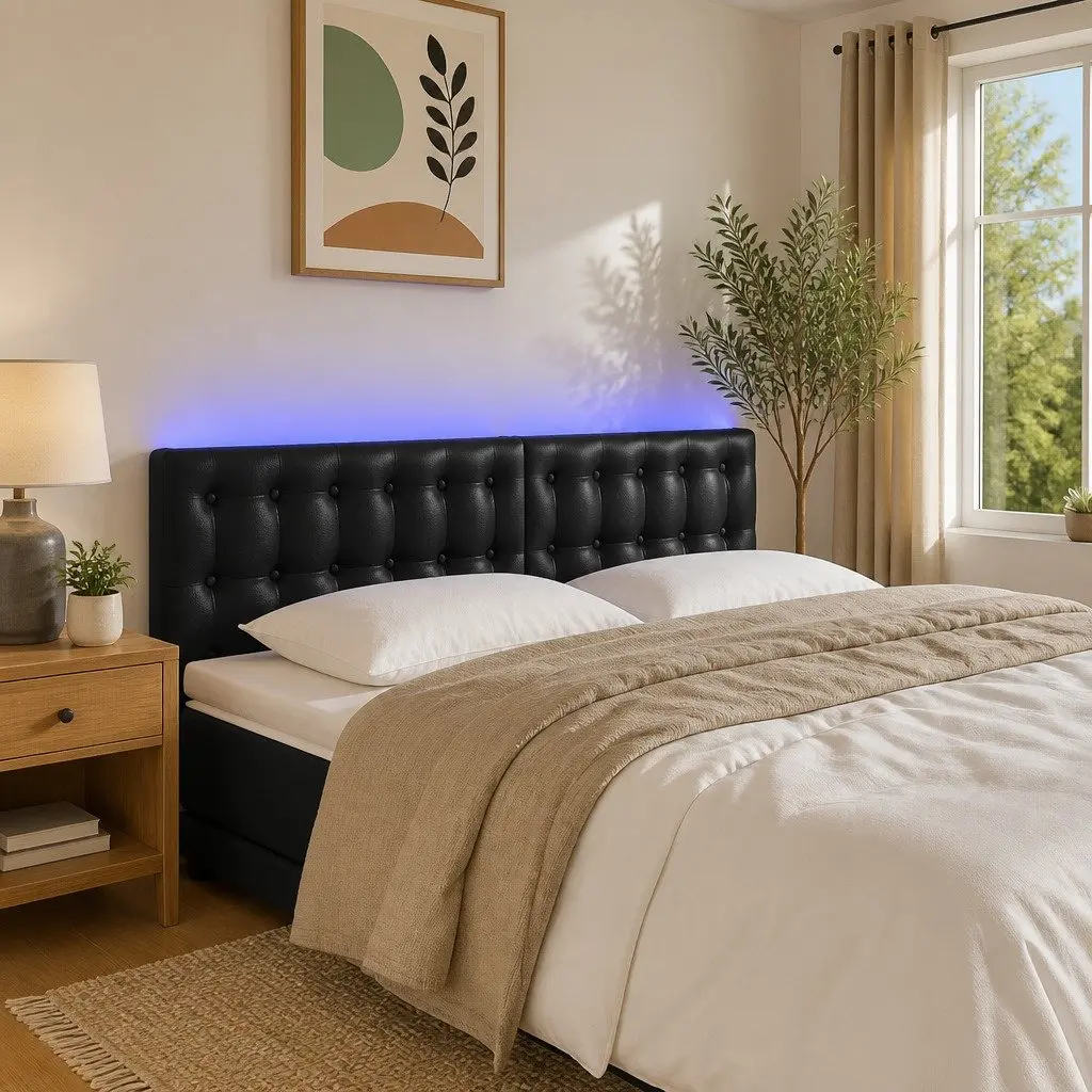 Adjustable Height LED Headboard in Black Faux Leather