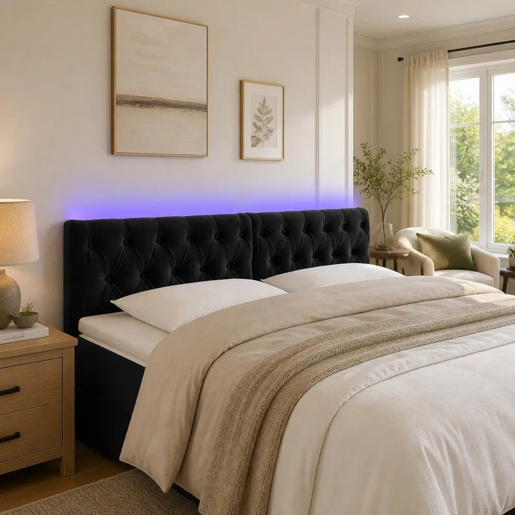 LED Headboard Velvet 144 cm Black Modern Upholstered