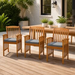 Set of 3 Solid Acacia Wood Outdoor Dining Chairs with Cushions