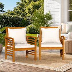 Acacia Wood Outdoor Chairs Set of 2 with Cream Cushions
