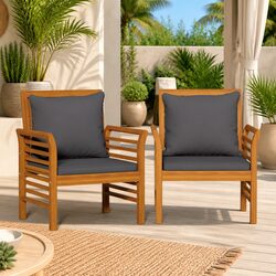 Set of 2 Acacia Wood Outdoor Sofa Chairs with Grey Cushions