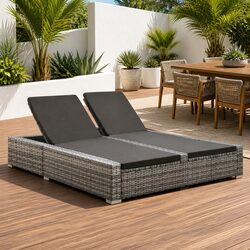 Adjustable Backrest Double Sun Lounger in Grey Rattan