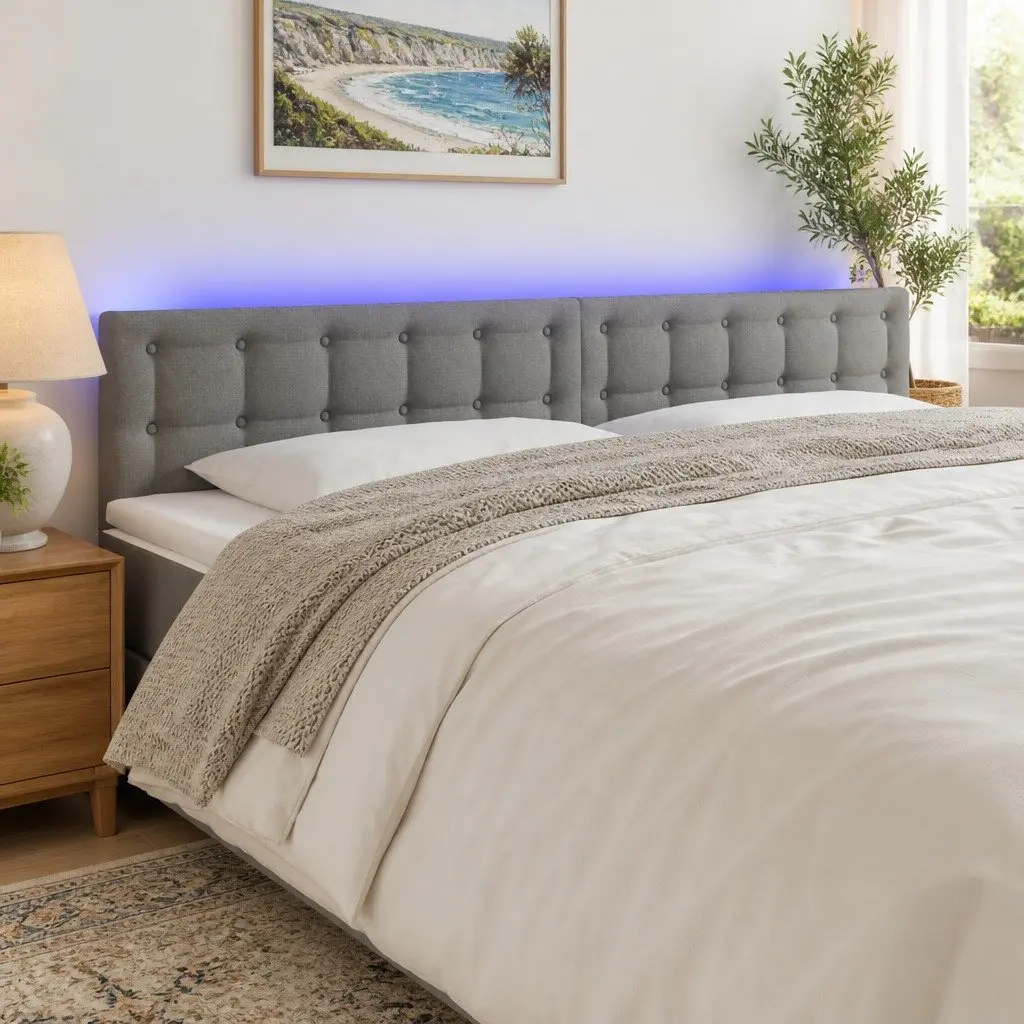 LED Headboard 200 cm Grey Fabric Bed with Lights