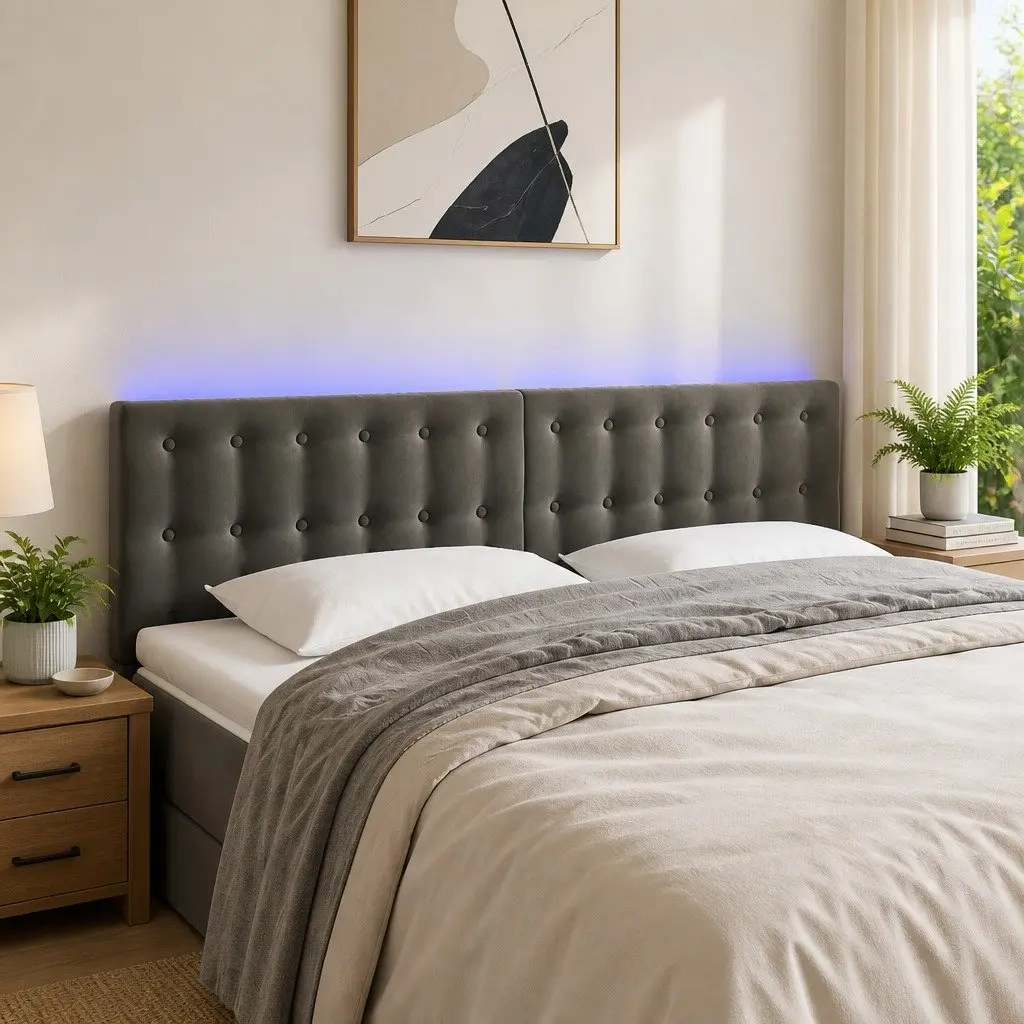 Dark Grey LED Headboard 144cm Velvet Modern Backrest