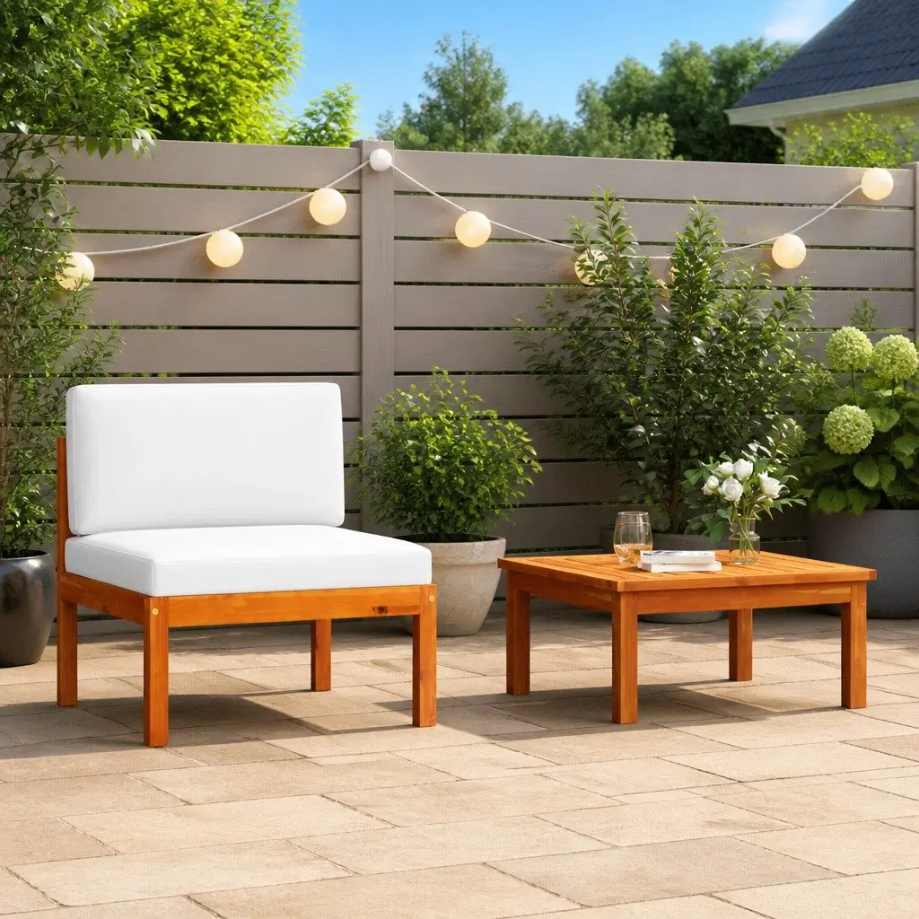 2 Piece Lounge Set Solid Acacia Wood Cream Cushions Rope Backrest