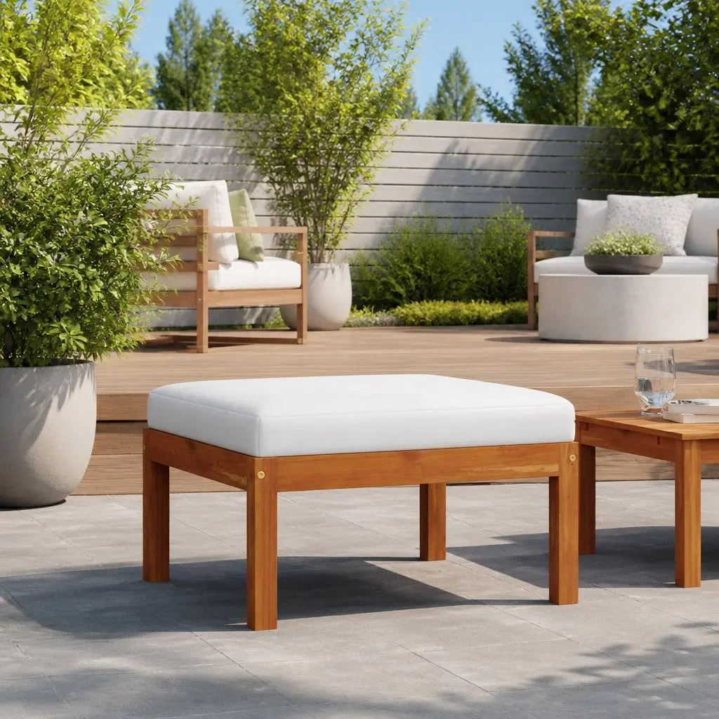 Solid Wood Garden Footstool with Cushion for Outdoor Use