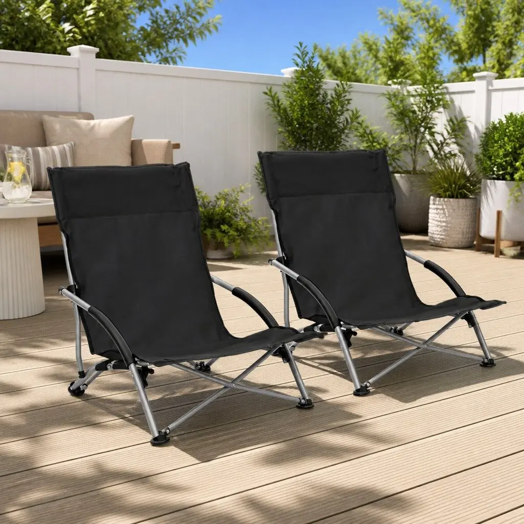 Folding Beach Chairs Oxford Fabric Steel Frame Black 2 Piece