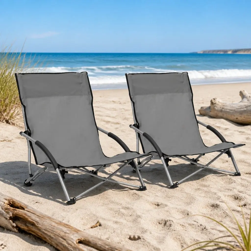 Folding Beach Chairs Oxford Fabric Steel Frame Grey Outdoor Camping Seating 2 Piece