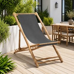 Adjustable Folding Deck Chair in Grey Canvas and Bamboo