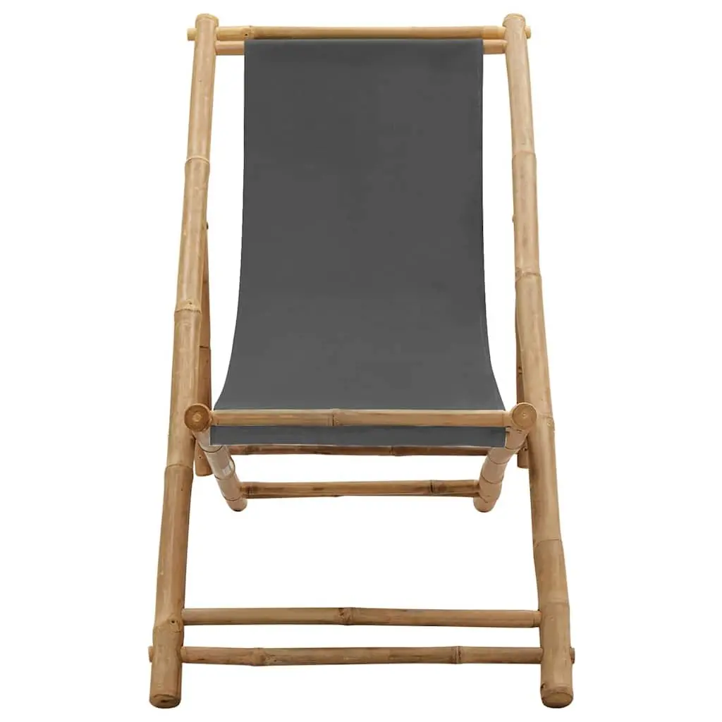 Adjustable Folding Deck Chair in Grey Canvas and Bamboo