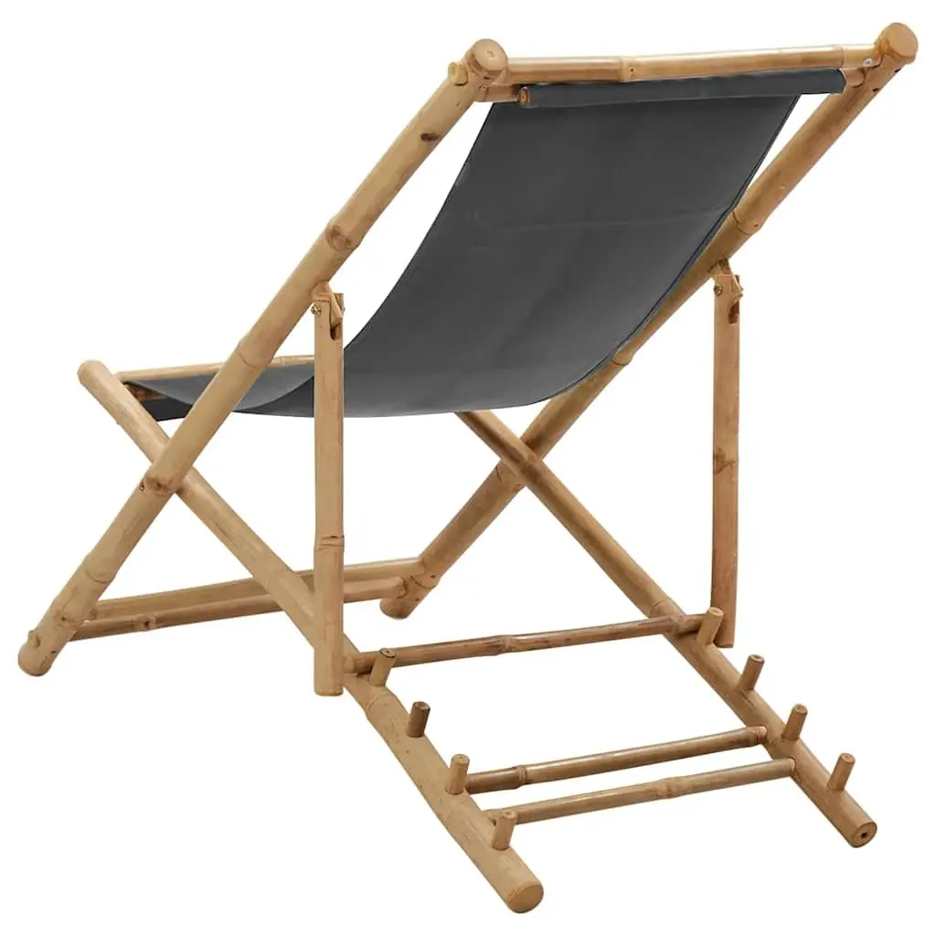 Adjustable Folding Deck Chair in Grey Canvas and Bamboo