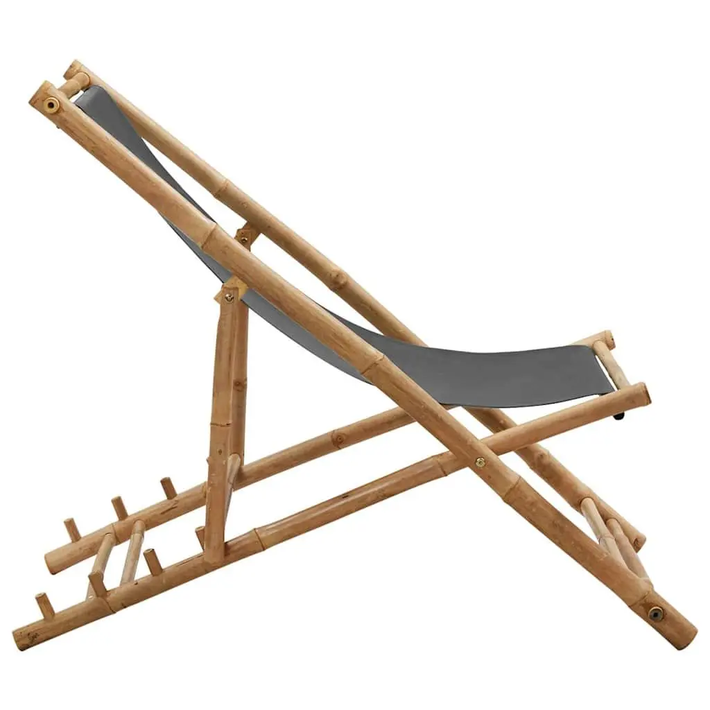 Adjustable Folding Deck Chair in Grey Canvas and Bamboo