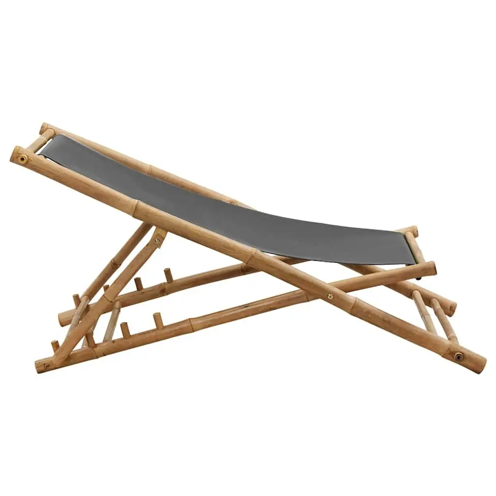 Adjustable Folding Deck Chair in Grey Canvas and Bamboo