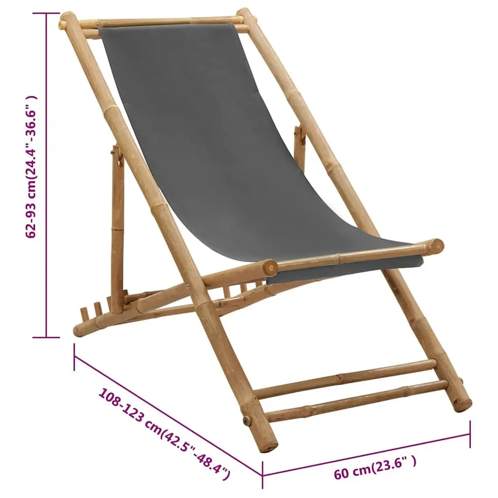 Adjustable Folding Deck Chair in Grey Canvas and Bamboo