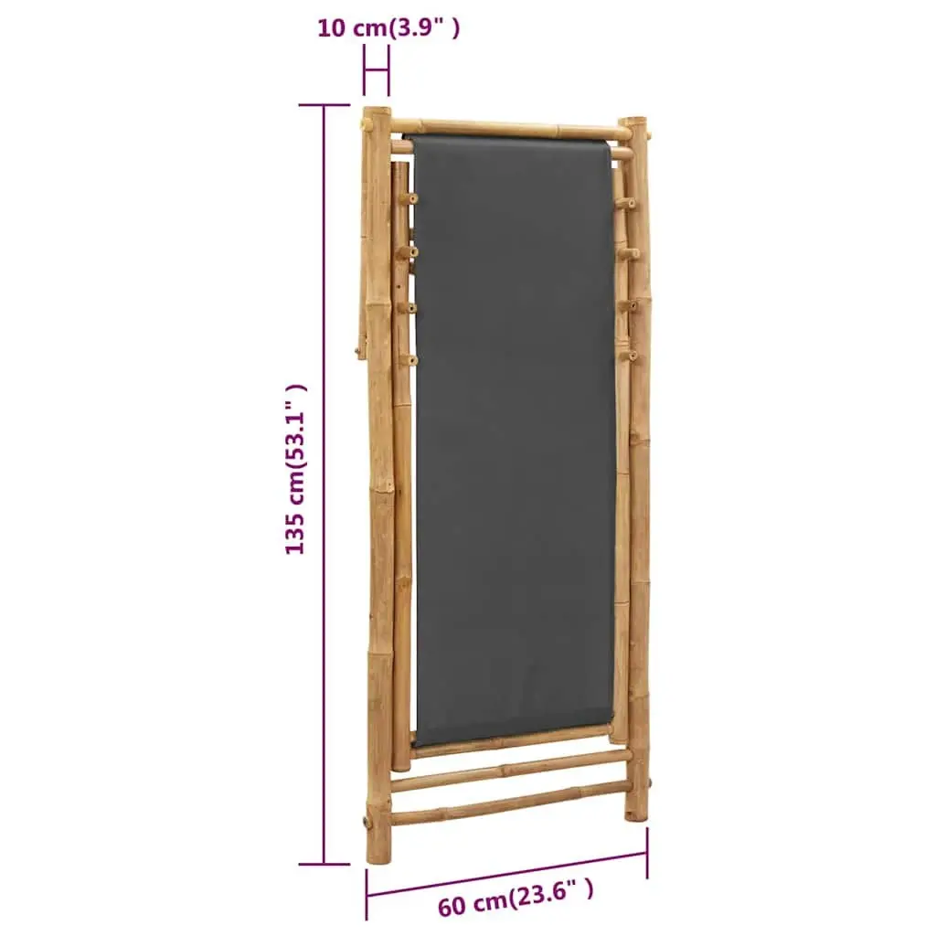 Adjustable Folding Deck Chair in Grey Canvas and Bamboo