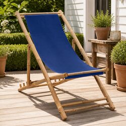 Navy Blue Bamboo Canvas Deck Chair for Outdoor Relaxation