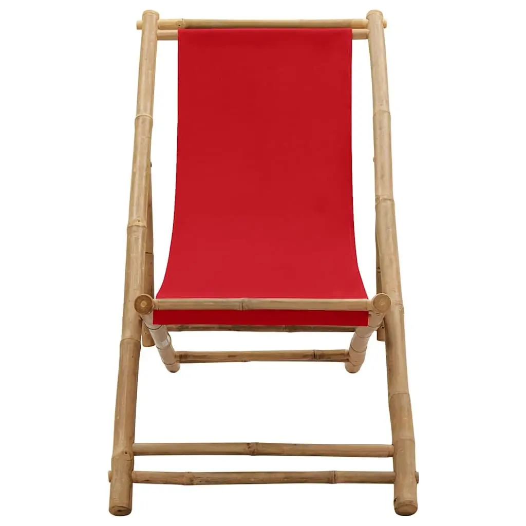Outdoor Deck Chair Bamboo Canvas Red Garden Beach Camping Foldable 4-Position